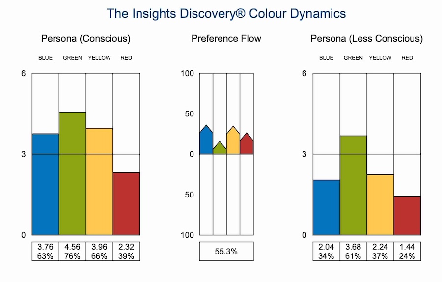 Example Insights Discovery Colour Dynamics graphs showing the Conscious Persona, Preference Flow and Less Conscious Persona